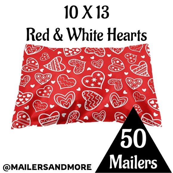 50 10X13 Red & White Hearts Poly Mailers, Shipping Envelopes, PRICE IS FIRM - Picture 2 of 3